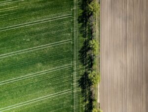 Aerial view of green field and tilled soil